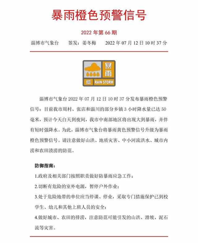 预警升级！淄博这些地方3小时降水量已达50毫米