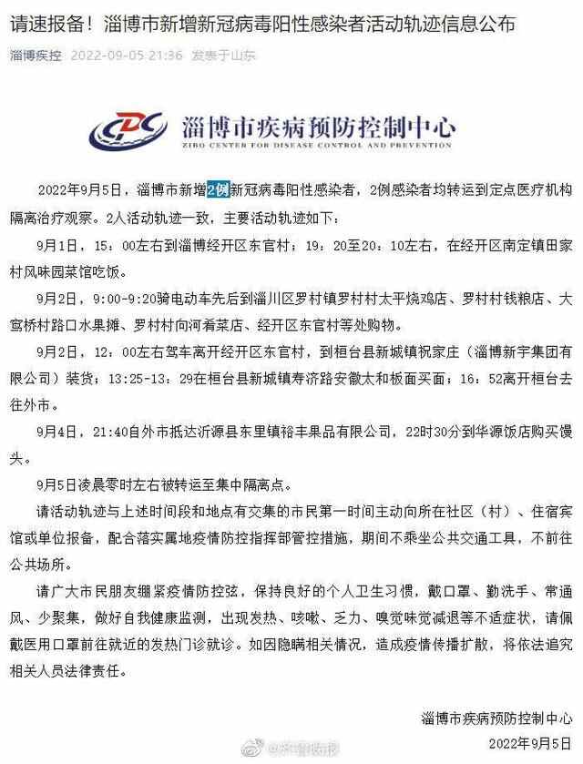 请速报备！淄博市新增新冠病毒阳性感染者活动轨迹信息公布