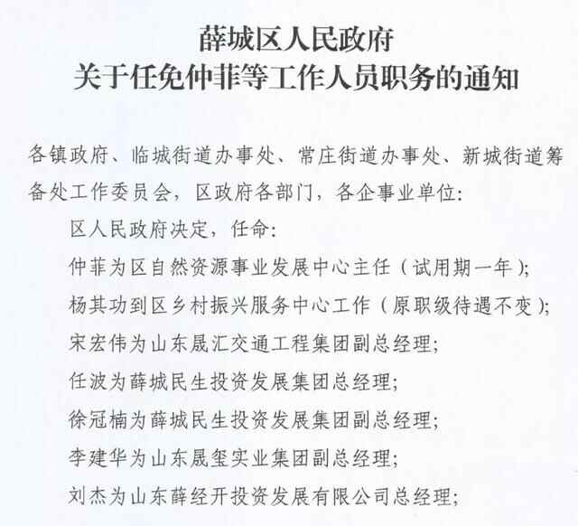 薛城区最新人事任免！