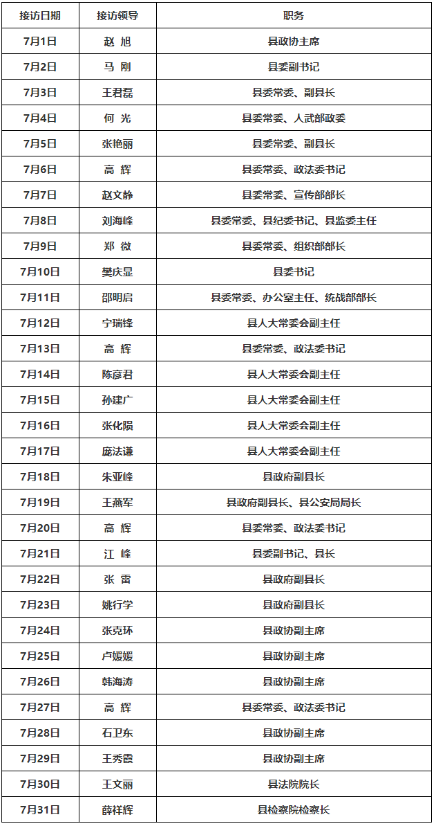 嘉祥县7月份县级领导公开接访日程表公布