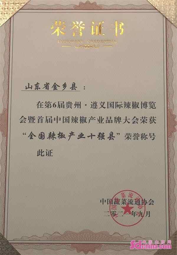 济宁市金乡县荣膺“全国辣椒产业十强县”荣誉称号