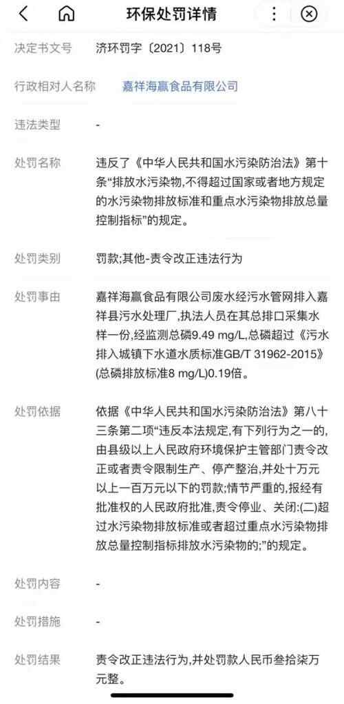 山东省济宁市嘉祥海赢食品有限公司因环境违法被罚款37万