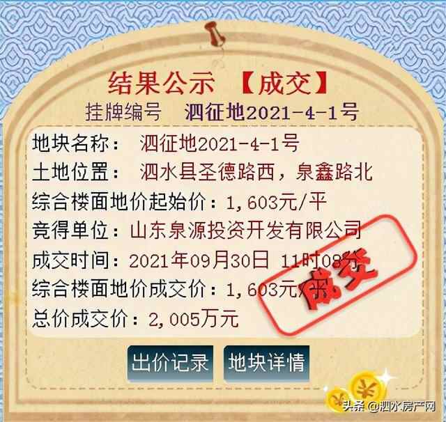 泗水近期成功出让3宗国有土地，总成交价4165万元