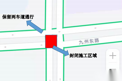 兖州区西御桥路与九州路交叉路口封闭施工，通行宽度缩窄