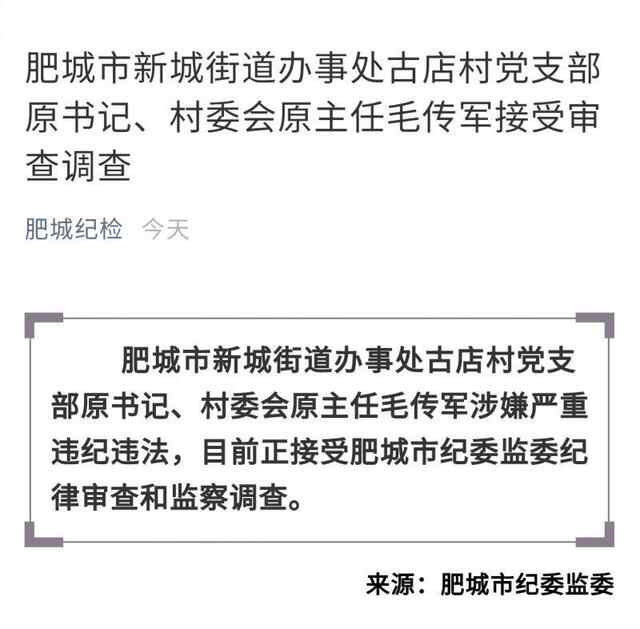 肥城市新城街道办事处古店村党支部原书记、村委会原主任毛传军接受审查调查