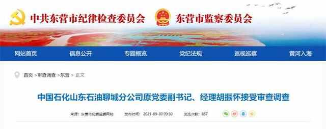 中国石化山东石油聊城分公司原党委副书记、经理胡振怀接受审查调查