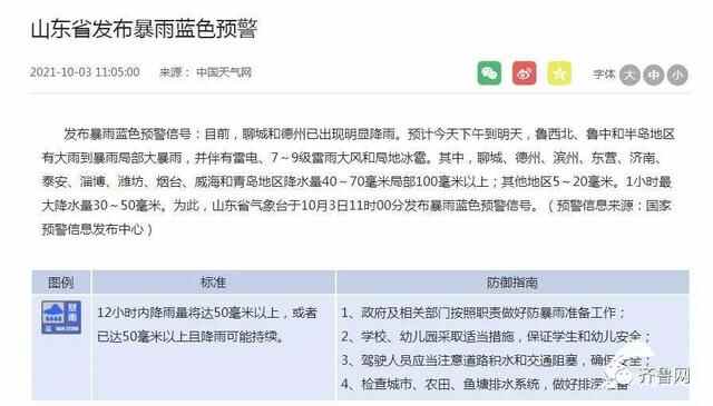 聊城德州已开下！山东发布暴雨蓝色预**，这些地方将有大到暴雨局部大暴雨