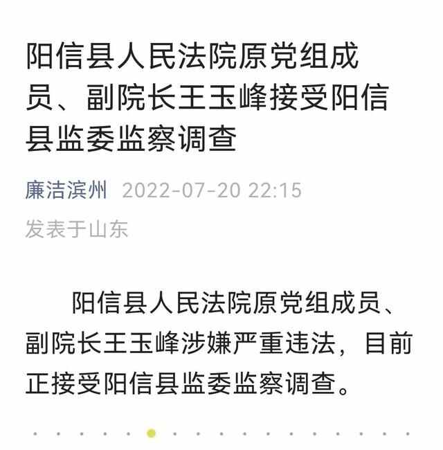 阳信县人民**原党组成员、副院长王玉峰接受阳信县监委监察调查